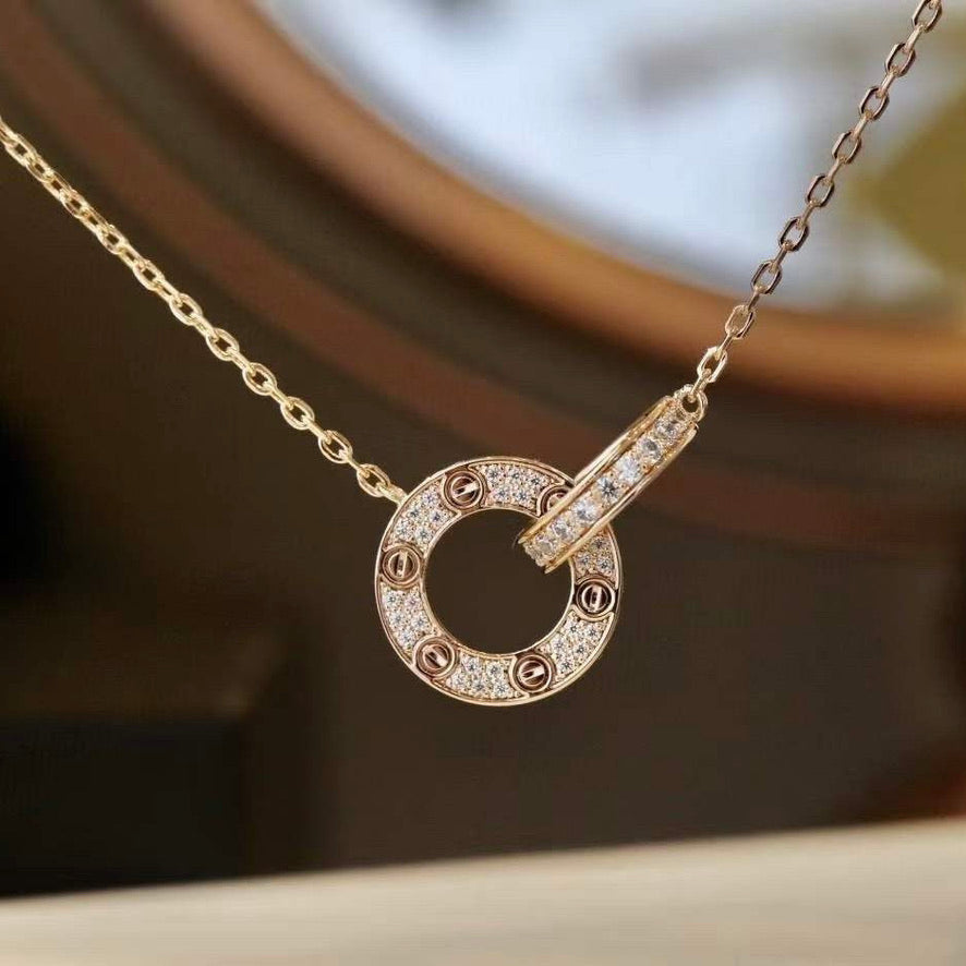 [Glow Jewelry]LOVE 7.6MM NECKLACE ROSE GOLD AND SILVER  FULL DIAMOND