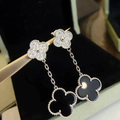[Glow Jewelry]CLOVER 2 MOTIFS  DIAMOND ONYX EARRINGS SILVER