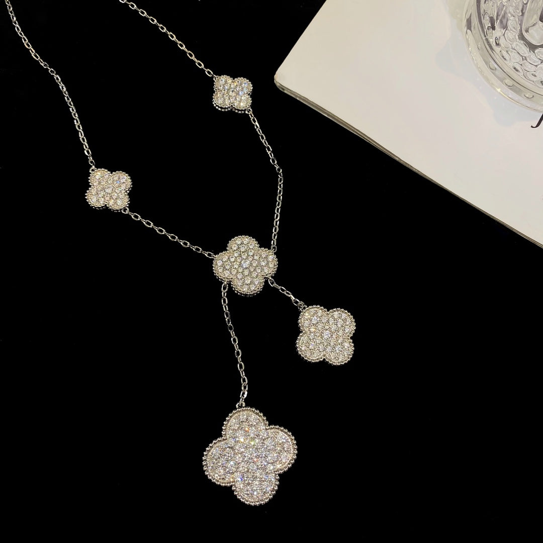 [Glow Jewelry]CLOVER 5 MOTIFS SILVER DIAMONDS NECKLACE