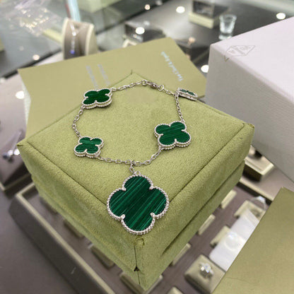 [Glow Jewelry]CLOVER 5 MOTIFS SIVLER MALACHITE BRACELET