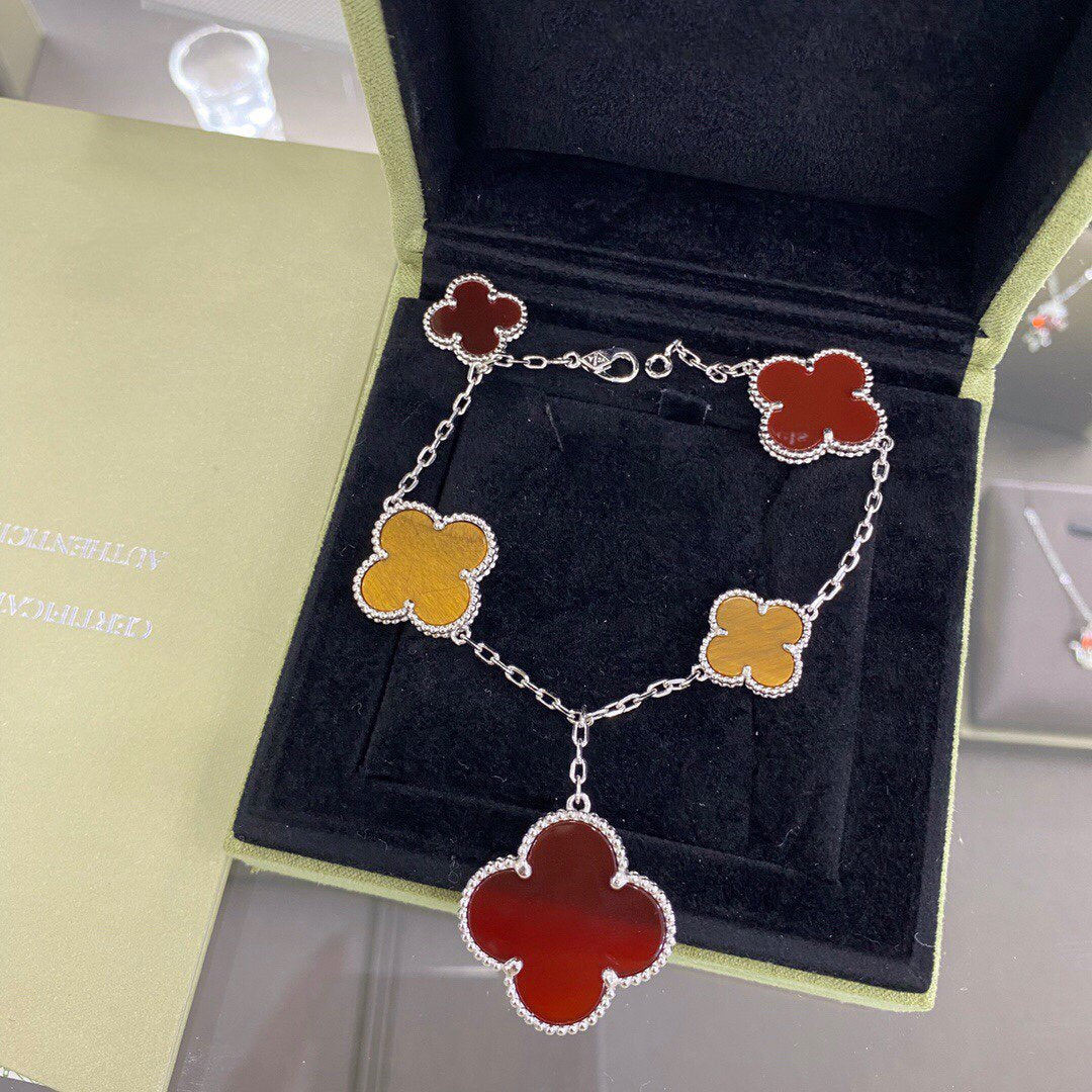 [Glow Jewelry]CLOVER 5 MOTIFS SIVLER CARNELIAN TIGER EYE BRACELET