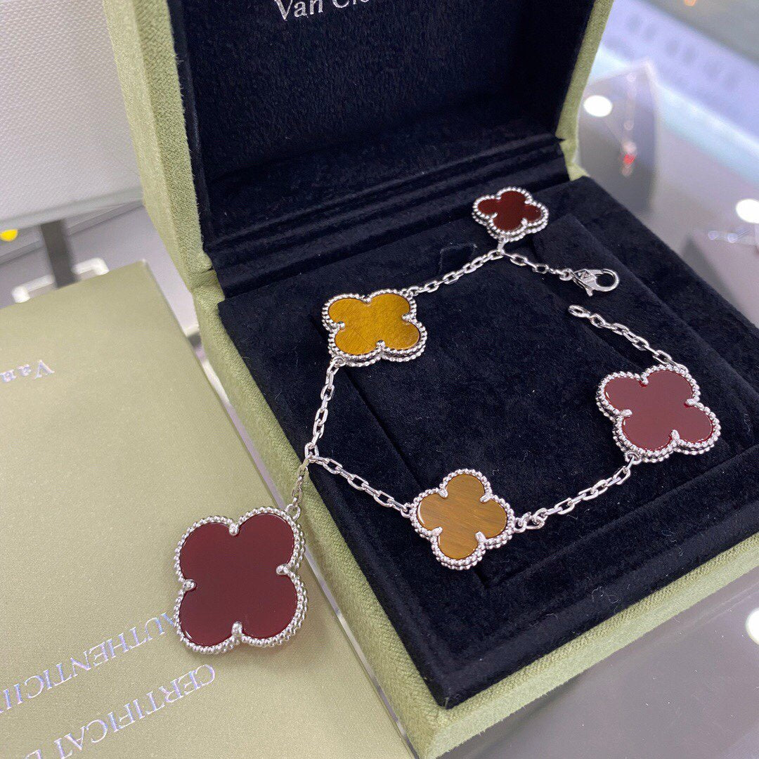 ¡®Glow Jewelry¡¯CLOVER 5 MOTIFS SIVLER CARNELIAN TIGER EYE BRACELET
