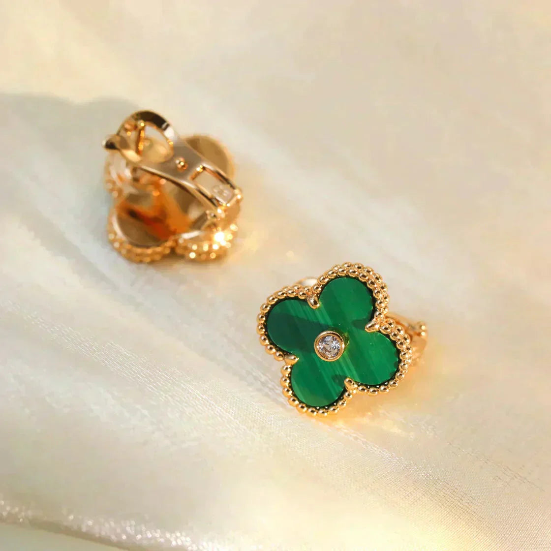 [Glow Jewelry]CLOVER MEDIUM 1 MOTIFS MALACHITE DIAMOND EARRINGS