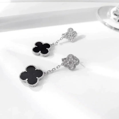 [Glow Jewelry]CLOVER 2 MOTIFS  DIAMOND ONYX EARRINGS SILVER