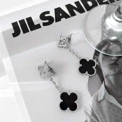 ¡®Glow Jewelry¡¯CLOVER 2 MOTIFS  DIAMOND ONYX EARRINGS SILVER