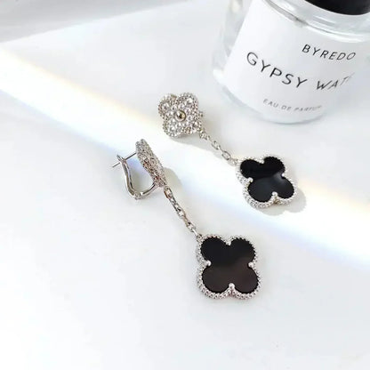 [Glow Jewelry]CLOVER 2 MOTIFS  DIAMOND ONYX EARRINGS SILVER