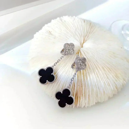 [Glow Jewelry]CLOVER 2 MOTIFS  DIAMOND ONYX EARRINGS SILVER