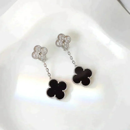[Glow Jewelry]CLOVER 2 MOTIFS  DIAMOND ONYX EARRINGS SILVER