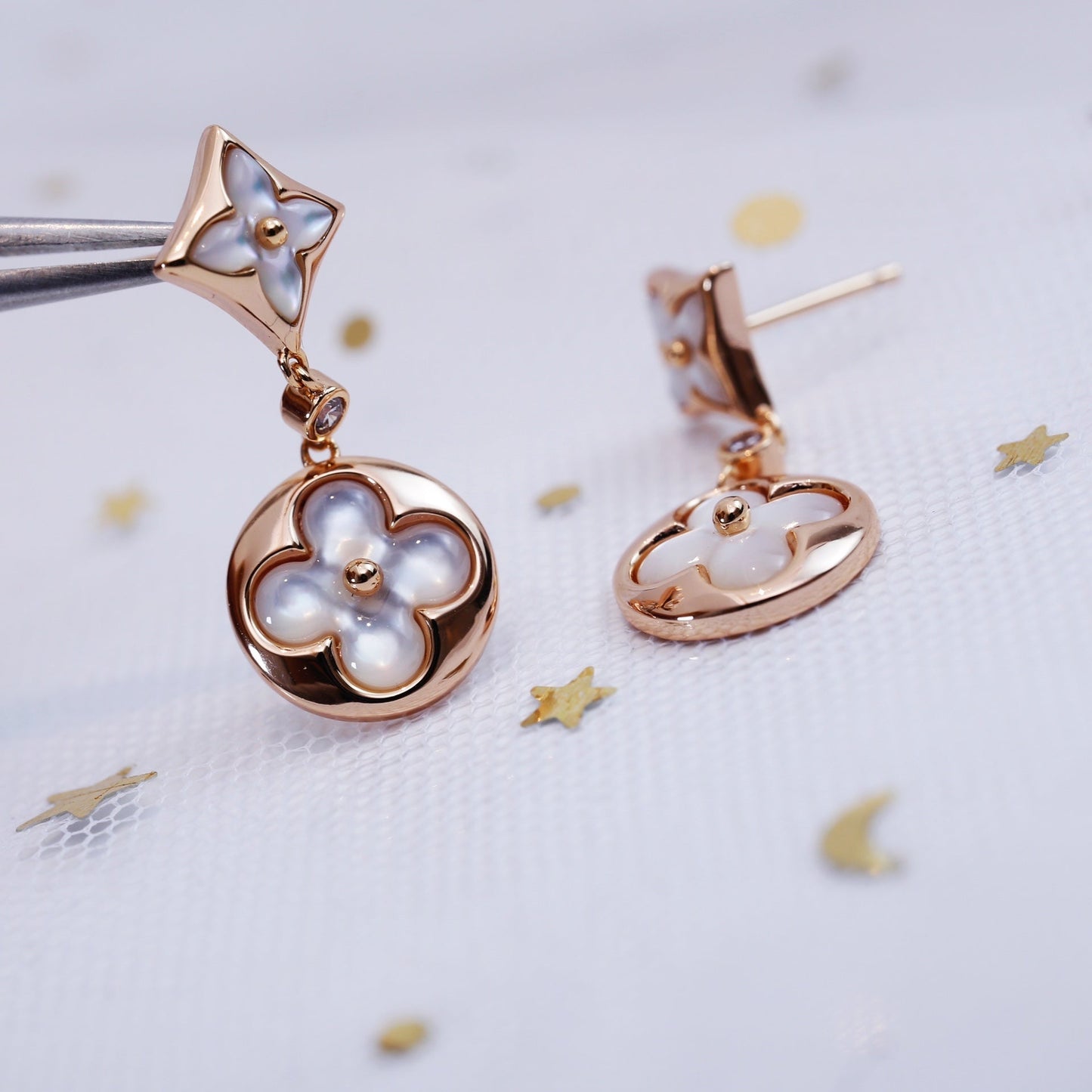 [Glow Jewelry]STAR AND SUN PINK GOLD MOP DROP EARRINGS