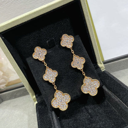 [Glow Jewelry]CLOVER 3 MOTIFS DIAMOND PAVED ROSE GOLD EARRINGS