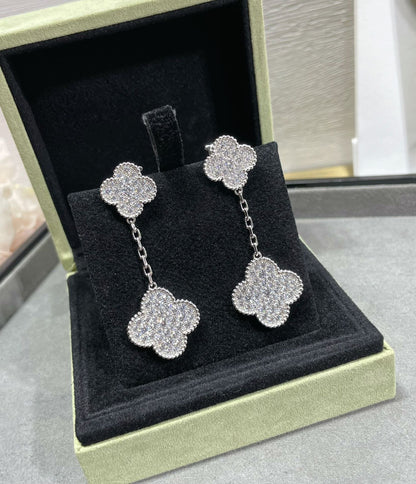 [Glow Jewelry]CLOVER 2 MOTIFS DIAMOND PAVED SILVER EARRINGS