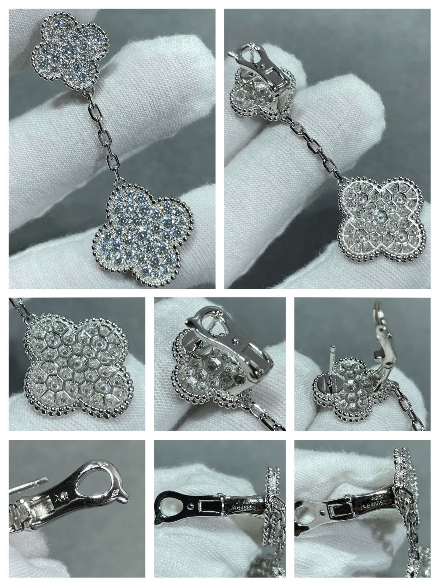 [Glow Jewelry]CLOVER 2 MOTIFS DIAMOND PAVED SILVER EARRINGS