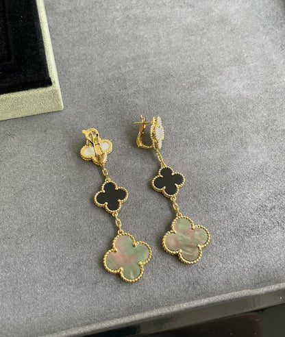 [Glow Jewelry]CLOVER 3 MOTIF MOP ONYX DARK MOP PINK GOLD EARRINGS