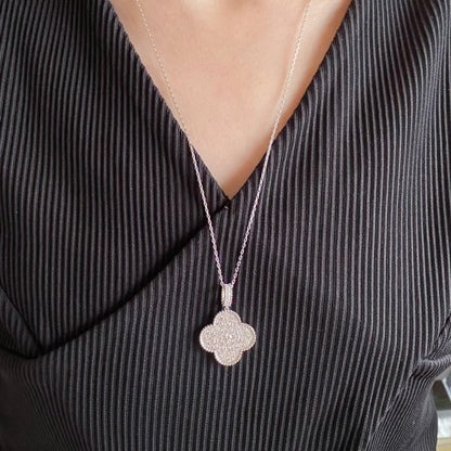 [Glow Jewelry]CLOVER 25MM LARGE PEDANT DIAMOND PAVED LONG NECKLACE