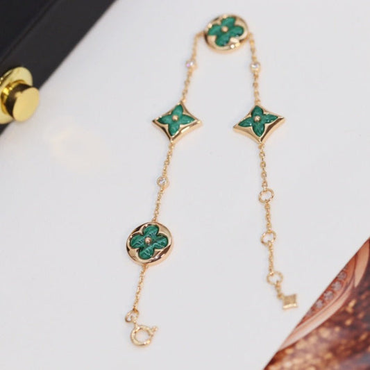 [Glow Jewelry]STAR AND SUN 4 MOTIF PINK GOLD MALACHITE BRACELET