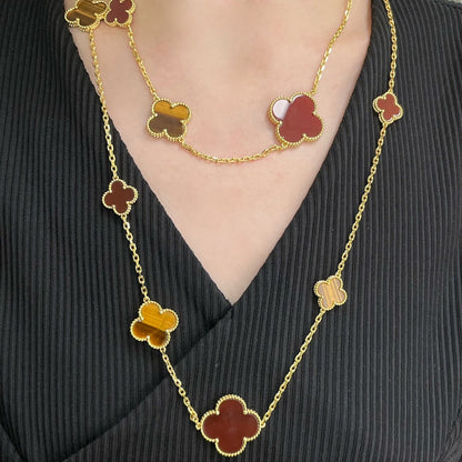 [Glow Jewelry]CLOVER 16 MOTIF CARNELIAN TIGER EYE ROSE GOLD NECKLACE