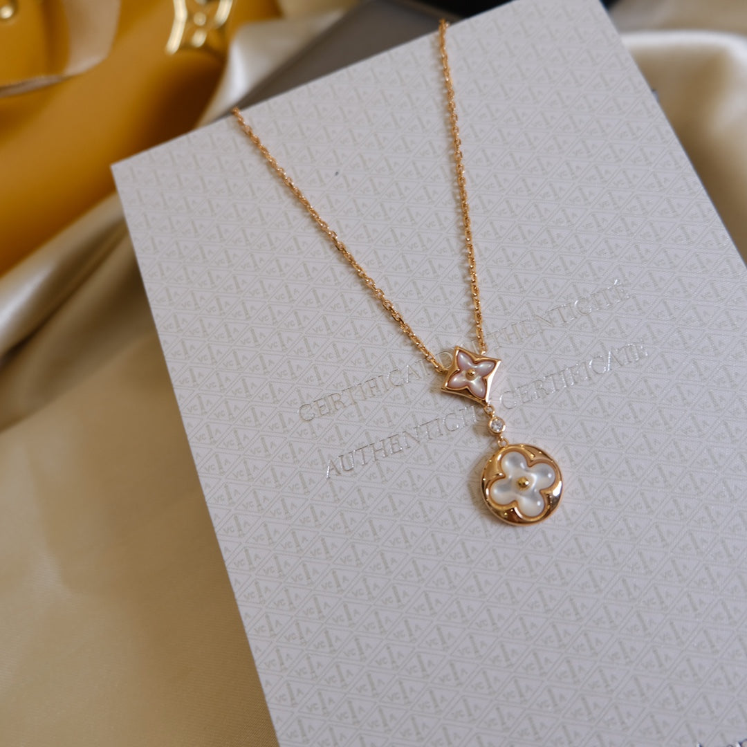 [Glow Jewelry]STAR AND SUN WHITE MOP 2 MOTIF PINK GOLD NECKLACE