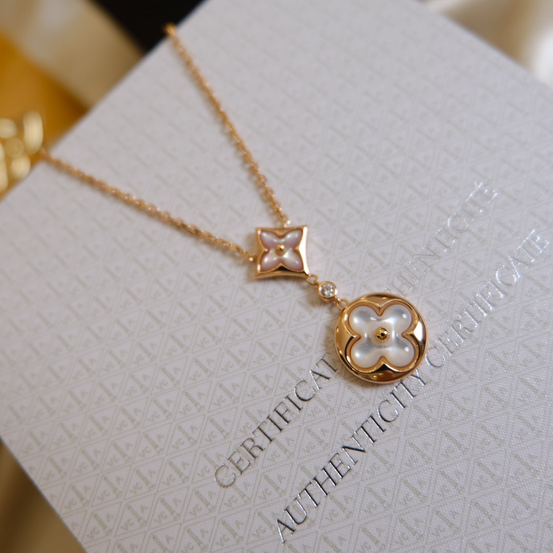 [Glow Jewelry]STAR AND SUN WHITE MOP 2 MOTIF PINK GOLD NECKLACE