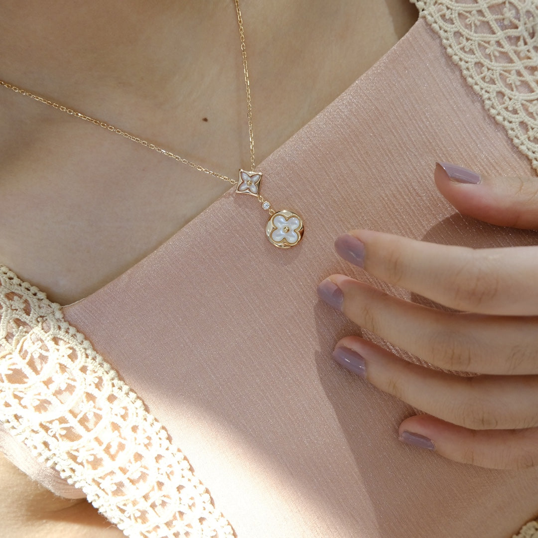 [Glow Jewelry]STAR AND SUN WHITE MOP 2 MOTIF PINK GOLD NECKLACE