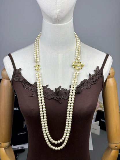 [Glow Jewelry]25K Pencil Double C Double-Layer Pearl Sweater Chain