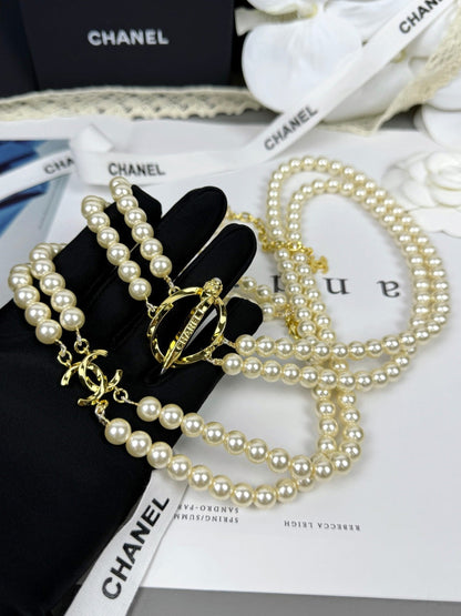 [Glow Jewelry]25K Pencil Double C Double-Layer Pearl Sweater Chain