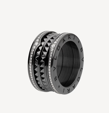[Glow Jewelry]ZERO 1 ROCK FOUR-BAND BLACK CERAMIC WITH STUDDED SPIRAL AND PAVED DIAMONDS RING