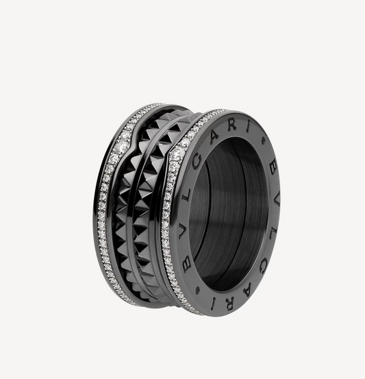 [Glow Jewelry]ZERO 1 ROCK FOUR-BAND BLACK CERAMIC WITH STUDDED SPIRAL AND PAVED DIAMONDS RING