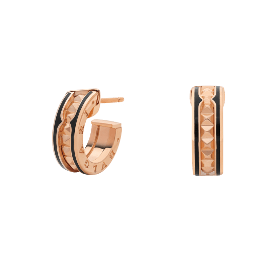 [Glow Jewelry]ZERO 1 ROCK PINK GOLD EARRINGS WITH STUDDED SPIRAL AND BLACK CERAMIC