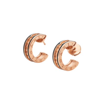 [Glow Jewelry]ZERO 1 ROCK PINK GOLD EARRINGS WITH STUDDED SPIRAL AND BLACK CERAMIC