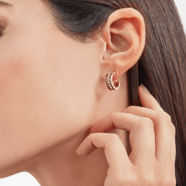 [Glow Jewelry]ZERO 1 ROCK PINK GOLD EARRINGS WITH STUDDED SPIRAL AND BLACK CERAMIC