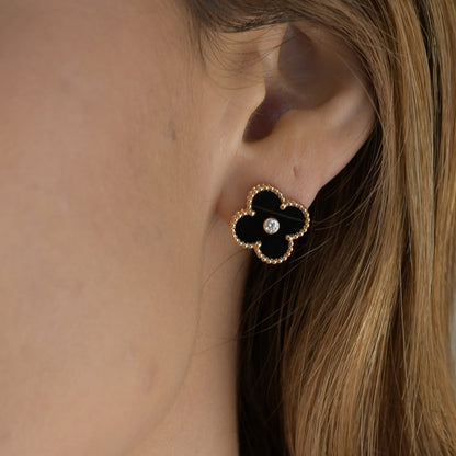 [Glow Jewelry]CLOVER MEDIUM 1 MOTIFS ONYX DIAMOND EARRINGS
