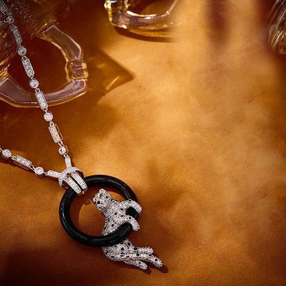 [Glow Jewelry jewelrys]NEW BLACK CIRCLE PANTHER FULL DIAMOND NECKLACE