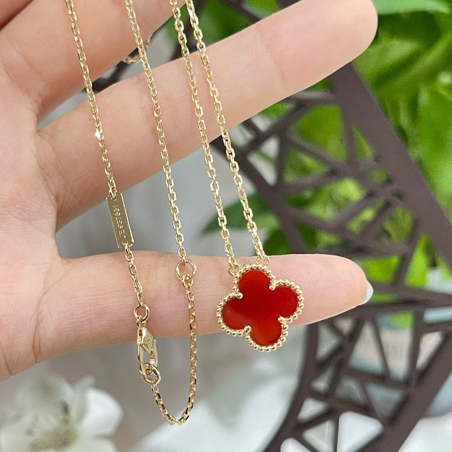 [Glow Jewelry]CLOVER 15MM CARNELIAN SINGLE FLOWER NECKLACE