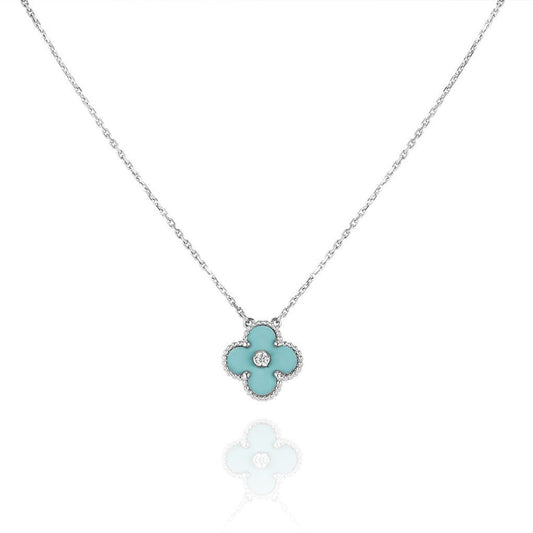 [Glow Jewelry]CLOVER 1 DIAMOND LIGHT BLUE SILVER NECKLACE
