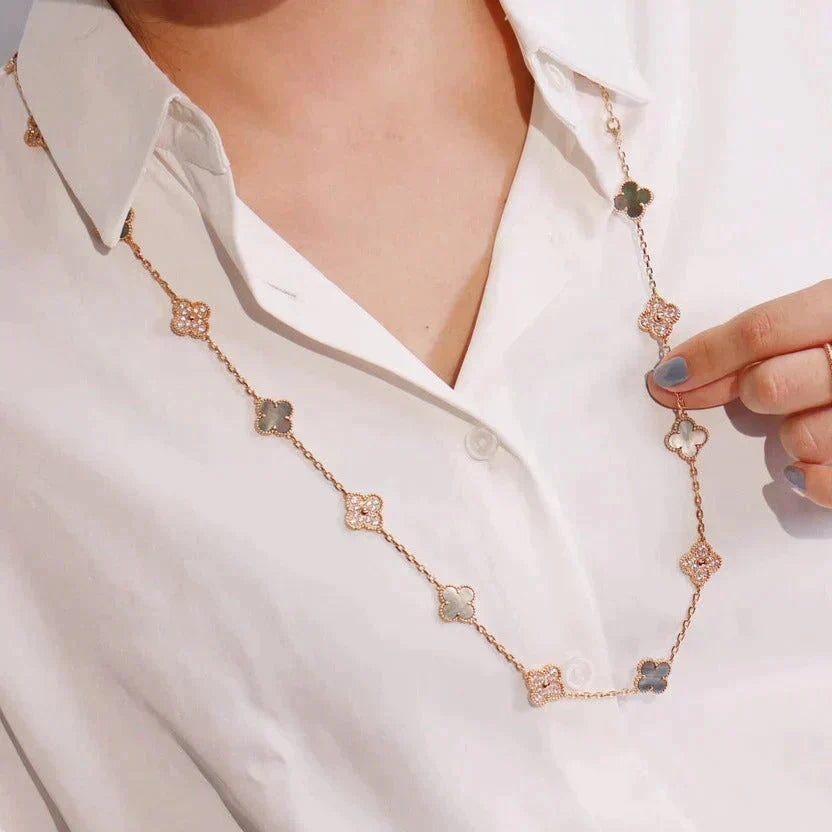 ®Glow Jewelry®クローバー20モチーフ ダークマザーオブパール ダイヤモンド ネックレス