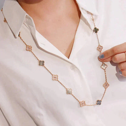 ®Glow Jewelry®クローバー20モチーフ ダークマザーオブパール ダイヤモンド ネックレス