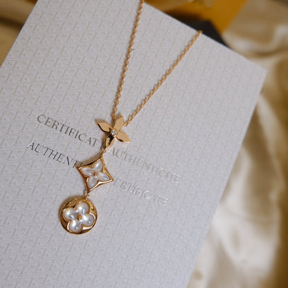 [Glow Jewelry]COLOR BLOSSOM LARIAT NECKLACE PINK GOLD WHITE MOTHER PEARL AND DIAMOND