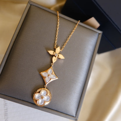 [Glow Jewelry]COLOR BLOSSOM LARIAT NECKLACE PINK GOLD WHITE MOTHER PEARL AND DIAMOND