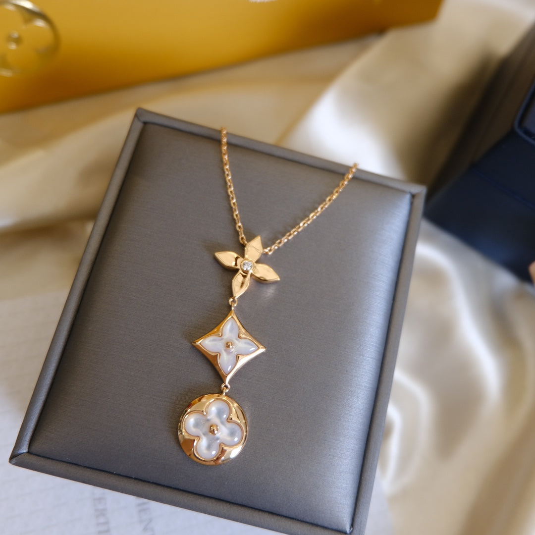 [Glow Jewelry]COLOR BLOSSOM LARIAT NECKLACE PINK GOLD WHITE MOTHER PEARL AND DIAMOND
