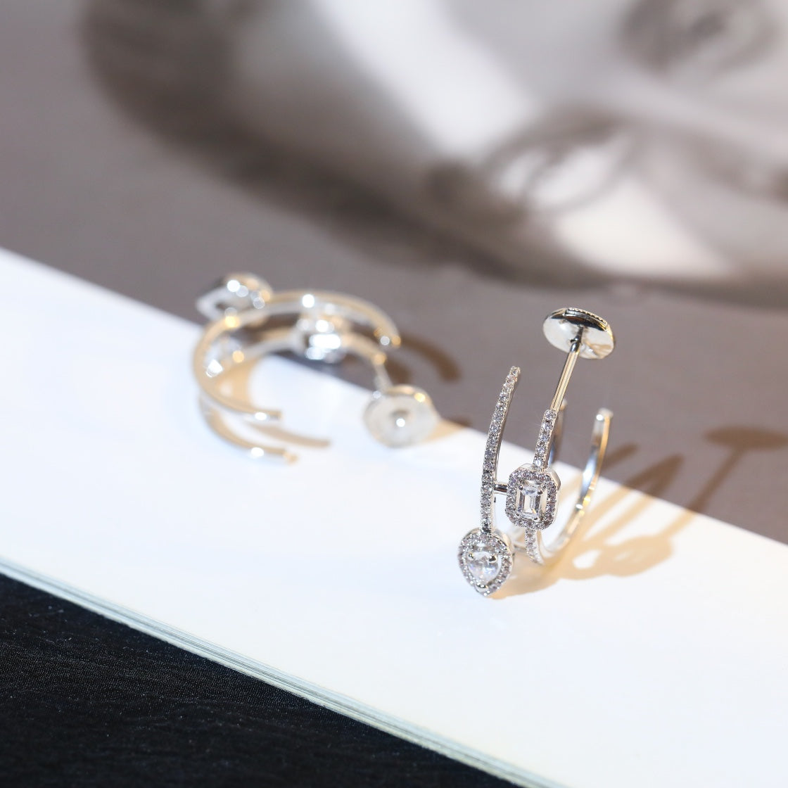 [Glow Jewelry]CREOLES MY TWIN 2 RANGS SILVER DIAMOND EARRINGS