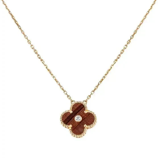 ®Glow Jewelry®CLOVER 15MM ダイヤモンドとイエロータイガーアイアゲートネックレス