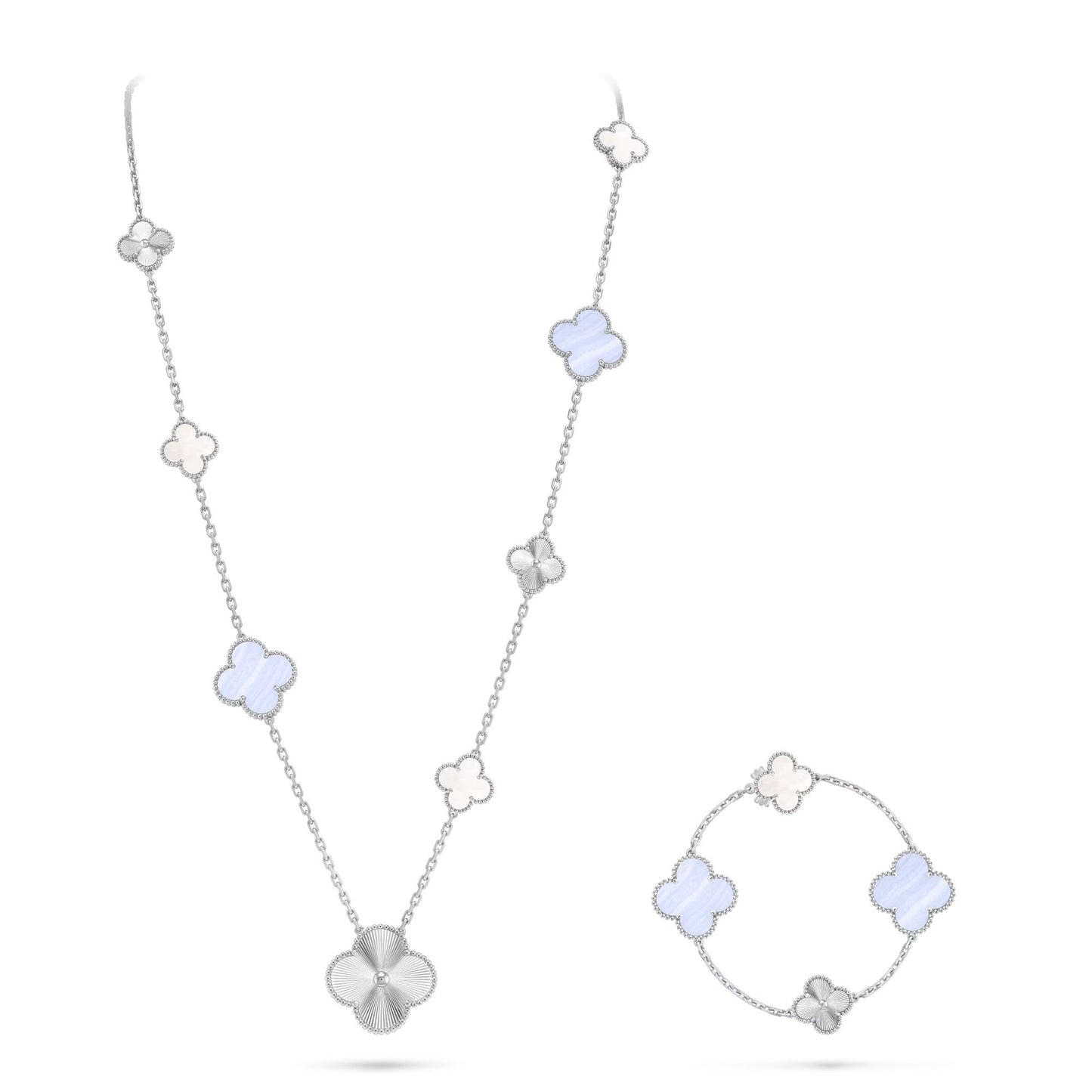 [Glow Jewelry]DETACHABLE CLOVER 15(11+4) FLOWER SILVER NECKLACE SET