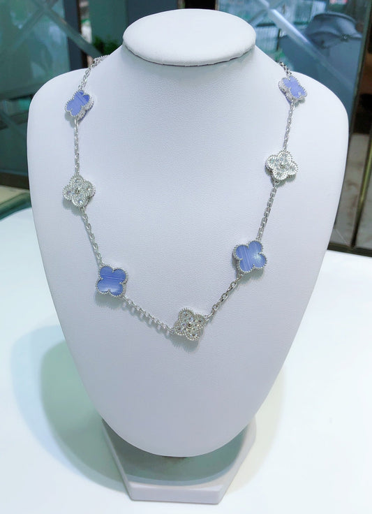 [Glow Jewelry]CLOVER 10 MOTIFS CHALCEDONY DIAMONDS SILVER NECKLACE
