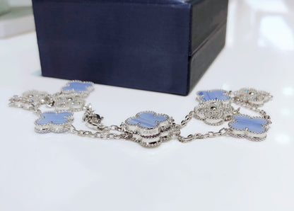 ¡®Glow Jewelry¡¯CLOVER 10 MOTIFS CHALCEDONY DIAMONDS SILVER NECKLACE